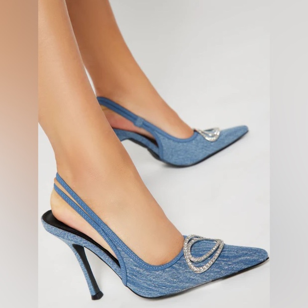NWT. Fashion Nova Denim Slingback Heels with Rhinestone Embellishments